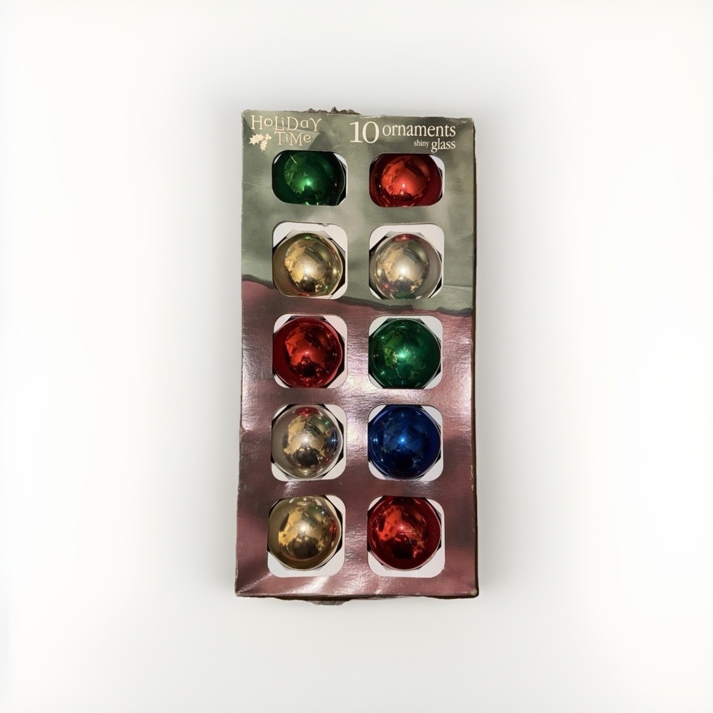 Vintage Holiday Time Shiny Glass 10 Christmas Ornaments Made In USA READ